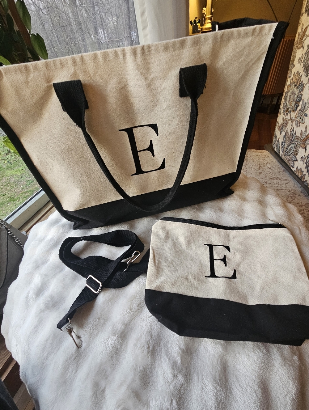 Canvas Initial Tote with Matching Zip Pouch in Cream & Black
